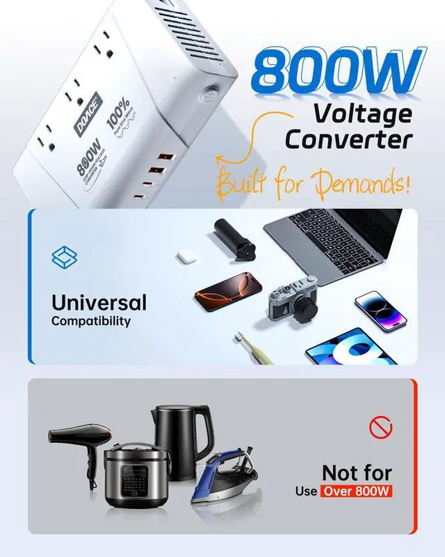 Alt view image 3 of 6 - 220V to 110V Converter, 800W Voltage Converter US to Europe for Hair Straightener/Curler/Phone, Power Converter with 2 USB C & 2 USB A Ports, European Travel Plug Adapter UK, US, AU, EU, White