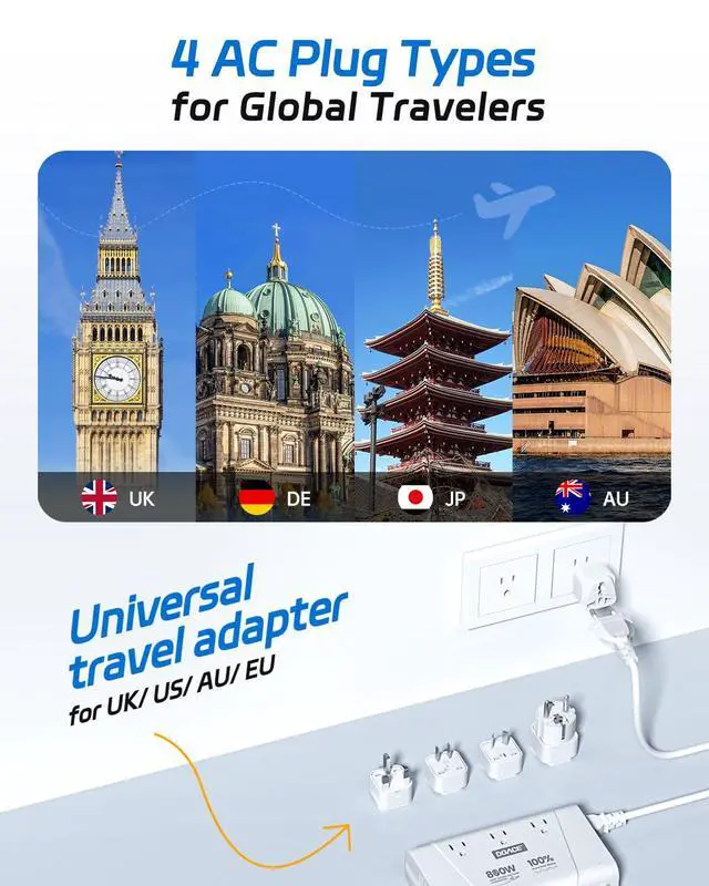 Alt view image 4 of 6 - 220V to 110V Converter, 800W Voltage Converter US to Europe for Hair Straightener/Curler/Phone, Power Converter with 2 USB C & 2 USB A Ports, European Travel Plug Adapter UK, US, AU, EU, White