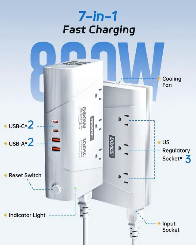 Alt view image 5 of 6 - 220V to 110V Converter, 800W Voltage Converter US to Europe for Hair Straightener/Curler/Phone, Power Converter with 2 USB C & 2 USB A Ports, European Travel Plug Adapter UK, US, AU, EU, White