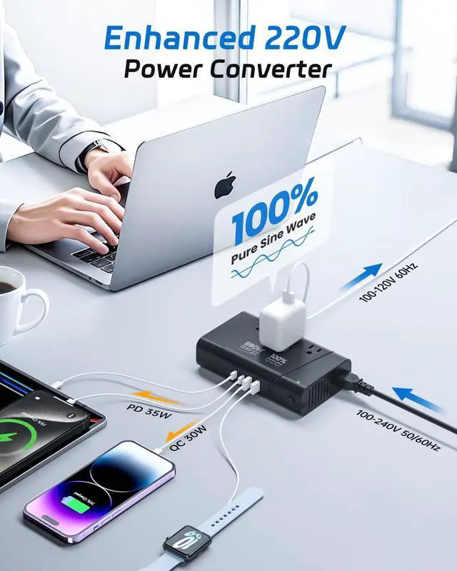 Alt view image 2 of 6 - 220V to 110V Converter - 800W Voltage Converter US to Europe for Hair Straightener, Curler, Phone, Power Converter with 2 USB C & 2 USB A Ports, European Travel Plug Adapter UK, US, AU, EU