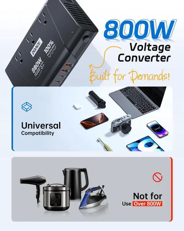 Alt view image 3 of 6 - 220V to 110V Converter - 800W Voltage Converter US to Europe for Hair Straightener, Curler, Phone, Power Converter with 2 USB C & 2 USB A Ports, European Travel Plug Adapter UK, US, AU, EU