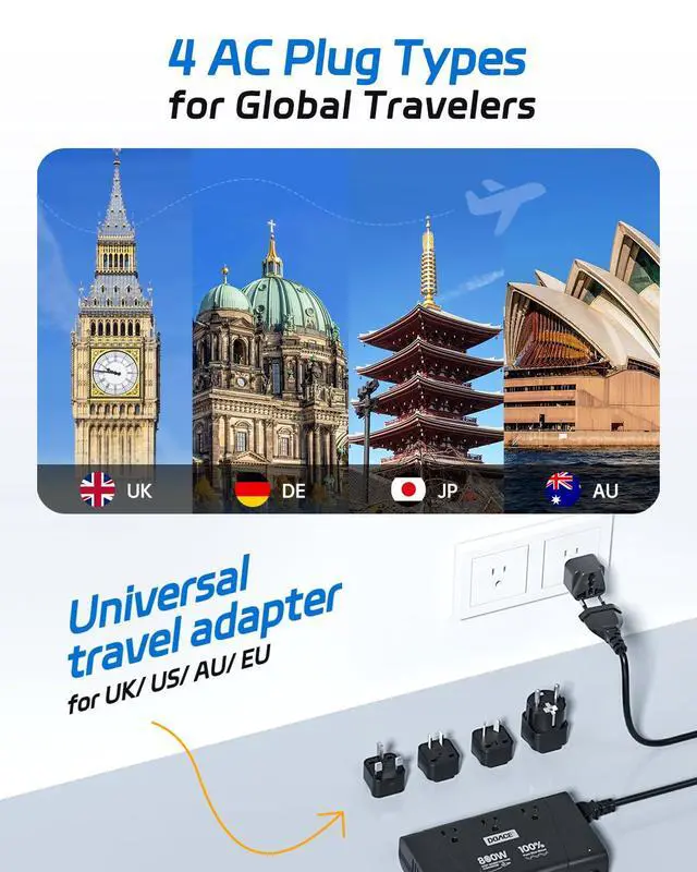 Alt view image 4 of 6 - 220V to 110V Converter - 800W Voltage Converter US to Europe for Hair Straightener, Curler, Phone, Power Converter with 2 USB C & 2 USB A Ports, European Travel Plug Adapter UK, US, AU, EU