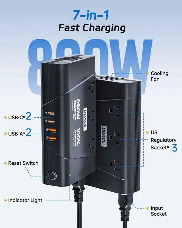 Alt view image 5 of 6 - 220V to 110V Converter - 800W Voltage Converter US to Europe for Hair Straightener, Curler, Phone, Power Converter with 2 USB C & 2 USB A Ports, European Travel Plug Adapter UK, US, AU, EU