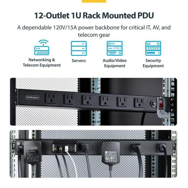 Alt view image 2 of 6 - 12-Outlet Rackmount PDU, 1U Server Power Strip, Wide-Spaced Right-Angle Ports, Mounted Power Distribution Unit