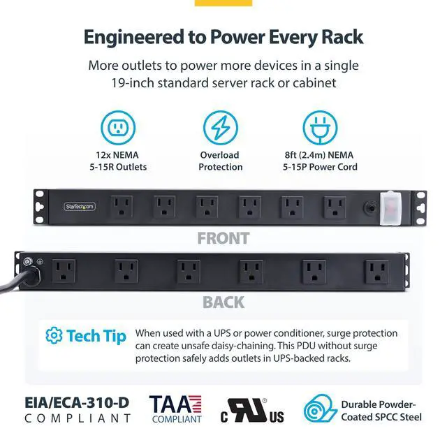 Alt view image 3 of 6 - 12-Outlet Rackmount PDU, 1U Server Power Strip, Wide-Spaced Right-Angle Ports, Mounted Power Distribution Unit