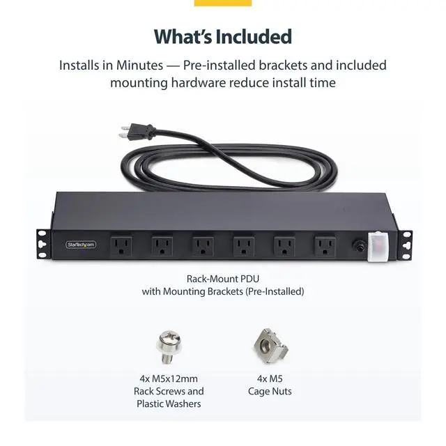 Alt view image 6 of 6 - 12-Outlet Rackmount PDU, 1U Server Power Strip, Wide-Spaced Right-Angle Ports, Mounted Power Distribution Unit