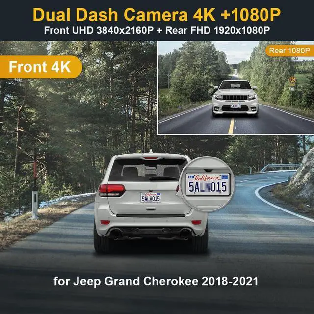 Alt view image 2 of 6 - Front 4K+Rear 1080P Dash Cam Adapts for Jeep Grand Cherokee 2018-2021 & SRT (HD2-D7600), OEM Look, 2 Way HD Video, Built-in WiFi & APP, Loop Recording, G-Sensor, Easy to Set, 128GB Card