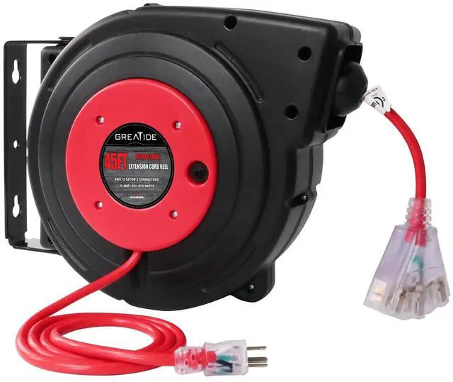 Main image of 45 Ft Retractable Extension Cord Reel, 12 AWG/3C SJTOW Heavy Duty Power Cord with 3 Electrical Outlets, 15 AMP Circuit Breaker, Lighted Triple Tap, Ceiling or Wall Mount, UL Listed