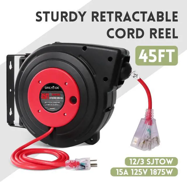 Alt view image 2 of 6 - 45 Ft Retractable Extension Cord Reel, 12 AWG/3C SJTOW Heavy Duty Power Cord with 3 Electrical Outlets, 15 AMP Circuit Breaker, Lighted Triple Tap, Ceiling or Wall Mount, UL Listed