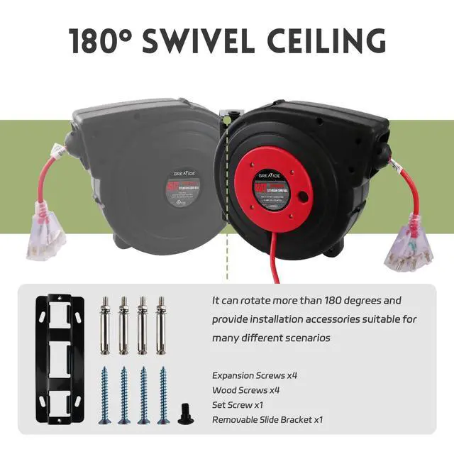 Alt view image 3 of 6 - 45 Ft Retractable Extension Cord Reel, 12 AWG/3C SJTOW Heavy Duty Power Cord with 3 Electrical Outlets, 15 AMP Circuit Breaker, Lighted Triple Tap, Ceiling or Wall Mount, UL Listed
