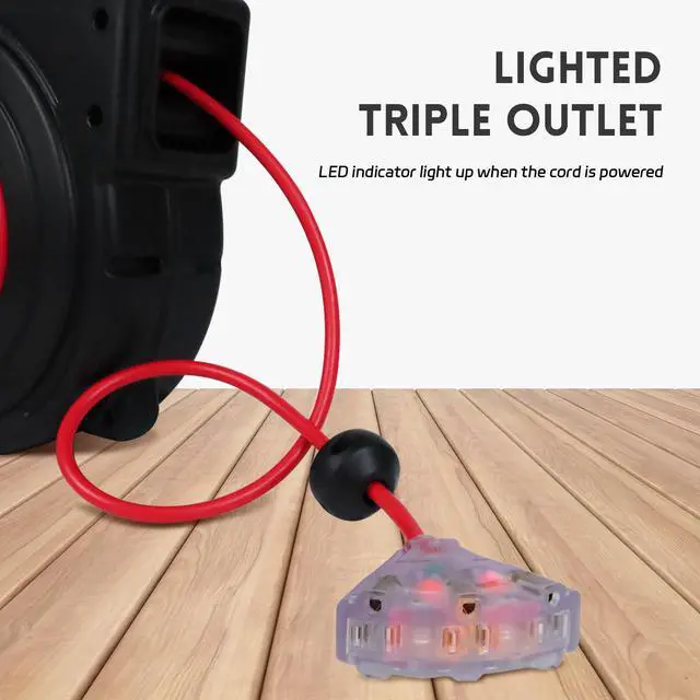 Alt view image 5 of 6 - 45 Ft Retractable Extension Cord Reel, 12 AWG/3C SJTOW Heavy Duty Power Cord with 3 Electrical Outlets, 15 AMP Circuit Breaker, Lighted Triple Tap, Ceiling or Wall Mount, UL Listed