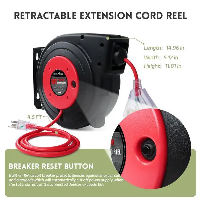 Alt view image 6 of 6 - 45 Ft Retractable Extension Cord Reel, 12 AWG/3C SJTOW Heavy Duty Power Cord with 3 Electrical Outlets, 15 AMP Circuit Breaker, Lighted Triple Tap, Ceiling or Wall Mount, UL Listed