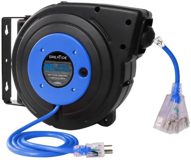 Main image of 45 Ft Retractable Extension Cord Reel, 12 AWG/3C SJTOW Heavy Duty Power Cord with 3 Electrical Outlets, 15 AMP Circuit Breaker, Lighted Triple Tap, Ceiling or Wall Mount, UL Listed