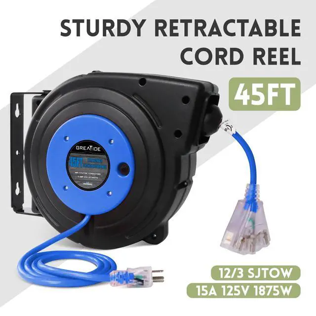 Alt view image 2 of 6 - 45 Ft Retractable Extension Cord Reel, 12 AWG/3C SJTOW Heavy Duty Power Cord with 3 Electrical Outlets, 15 AMP Circuit Breaker, Lighted Triple Tap, Ceiling or Wall Mount, UL Listed