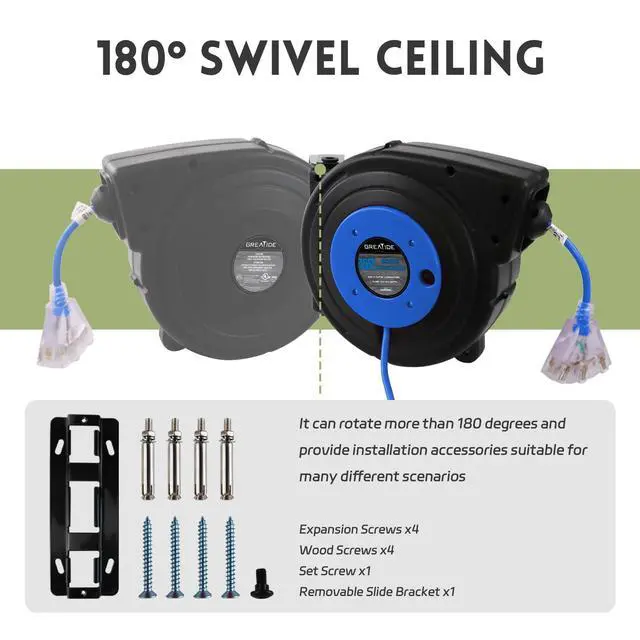 Alt view image 3 of 6 - 45 Ft Retractable Extension Cord Reel, 12 AWG/3C SJTOW Heavy Duty Power Cord with 3 Electrical Outlets, 15 AMP Circuit Breaker, Lighted Triple Tap, Ceiling or Wall Mount, UL Listed