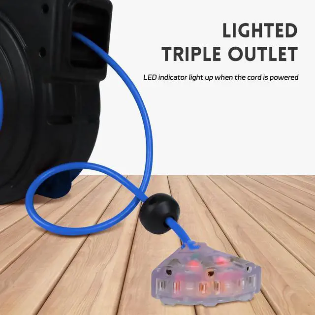 Alt view image 5 of 6 - 45 Ft Retractable Extension Cord Reel, 12 AWG/3C SJTOW Heavy Duty Power Cord with 3 Electrical Outlets, 15 AMP Circuit Breaker, Lighted Triple Tap, Ceiling or Wall Mount, UL Listed