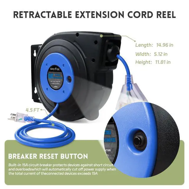 Alt view image 6 of 6 - 45 Ft Retractable Extension Cord Reel, 12 AWG/3C SJTOW Heavy Duty Power Cord with 3 Electrical Outlets, 15 AMP Circuit Breaker, Lighted Triple Tap, Ceiling or Wall Mount, UL Listed