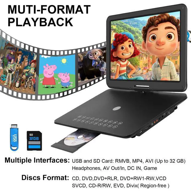 Alt view image 3 of 6 - 19.6" Portable DVD Player with 17.6 Large HD Screen, 4-5Hrs Play, DVD Player Portable with Dual Speaker, Last Memory, Support SYNC TV/USB/SD Card, Play All Discs Format, Black