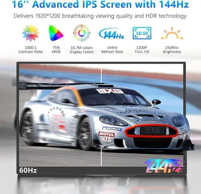 Alt view image 2 of 6 - 16 Inch Portable Monitor 144Hz FHD 1200P IPS, USB-C & HDMI External Screen Compatible with PS5, Xbox, Switch, Laptop PC
