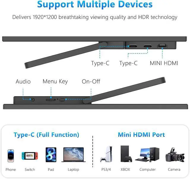 Alt view image 4 of 6 - 16 Inch Portable Monitor 144Hz FHD 1200P IPS, USB-C & HDMI External Screen Compatible with PS5, Xbox, Switch, Laptop PC