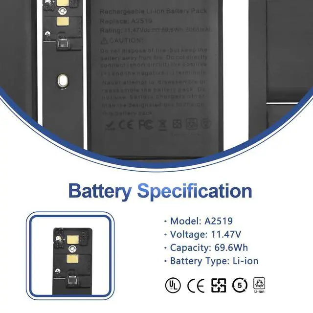 Alt view image 2 of 6 - A2519 Laptop Battery Replacement for A2442 MacBook Pro 14 inch M1 MAX 10 CPU 24 GPU (Late 2021) A2442 Replacement Battery with Tools EMC3650 11.47V 69.6Wh (Easy-to-Install)