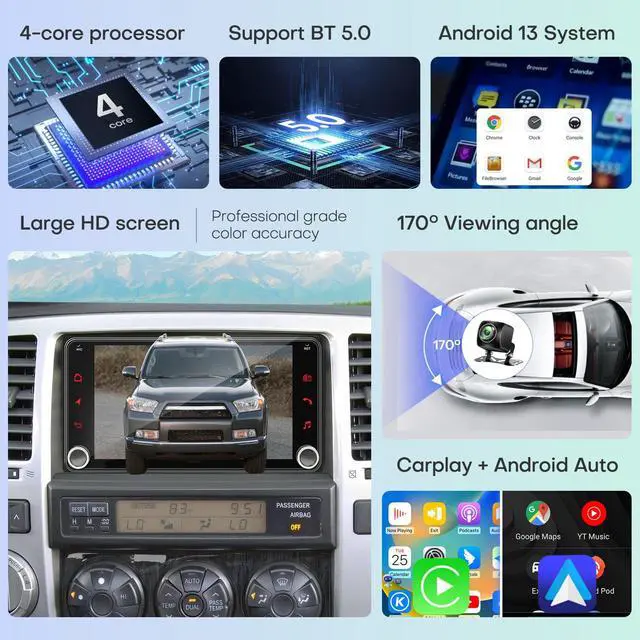 Alt view image 4 of 6 - Car Radio for Toyota 4Runner 2003-2009,for Tundra 2000-2006,for Sequoia 2001-2007 Stereo Upgrade Touch Screen Wireless Carplay Android Auto Head Unit Bluetooth GPS FM/RDS Backup Camera