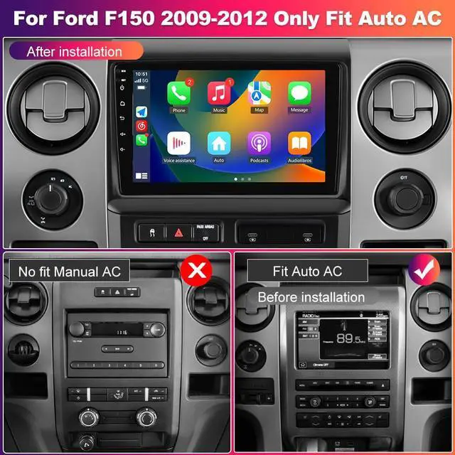 Alt view image 3 of 6 - 4Core 64GB Car Stereo for Ford F150 2009 2010 2011 2012, 9" Touchscreen F150 Radio Upgrade with Wireless Carplay Android Auto GPS Navigation Backup Camera - (Auto AC Only)