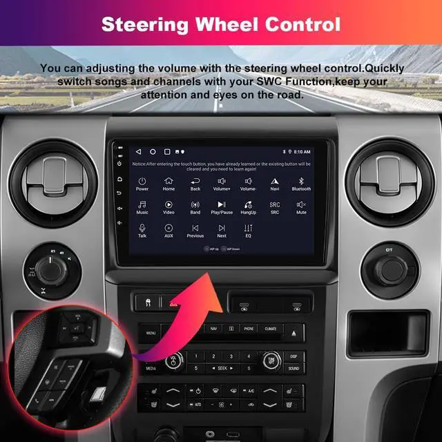 Alt view image 5 of 6 - 4Core 64GB Car Stereo for Ford F150 2009 2010 2011 2012, 9" Touchscreen F150 Radio Upgrade with Wireless Carplay Android Auto GPS Navigation Backup Camera - (Auto AC Only)
