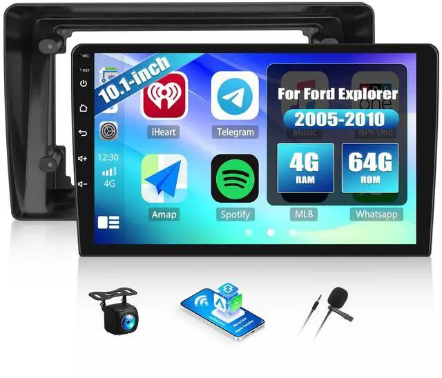 Main image of 4G+64G Android Car Stereo for Ford Explorer 2005-2010 10.1 Inch Touch Screen with CarPlay Android Auto Mirror Link UI Bluetooth FM GPS Navigation WiFi FM SWC Shot Cut Backup Camera MIC