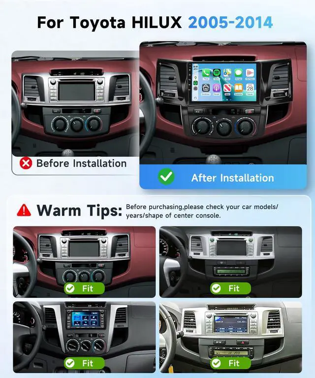 Alt view image 2 of 6 - Android 15 4G+64G Radio for Toyota HILUX 2005-2014 Car Stereo with Wireless Carplay Android Auto,5Ghz WiFi,5.0 Bluetooth 32EQ,9inch IPS Touch Screen,FM/RDS GPS IP69K AHD Backup Camera