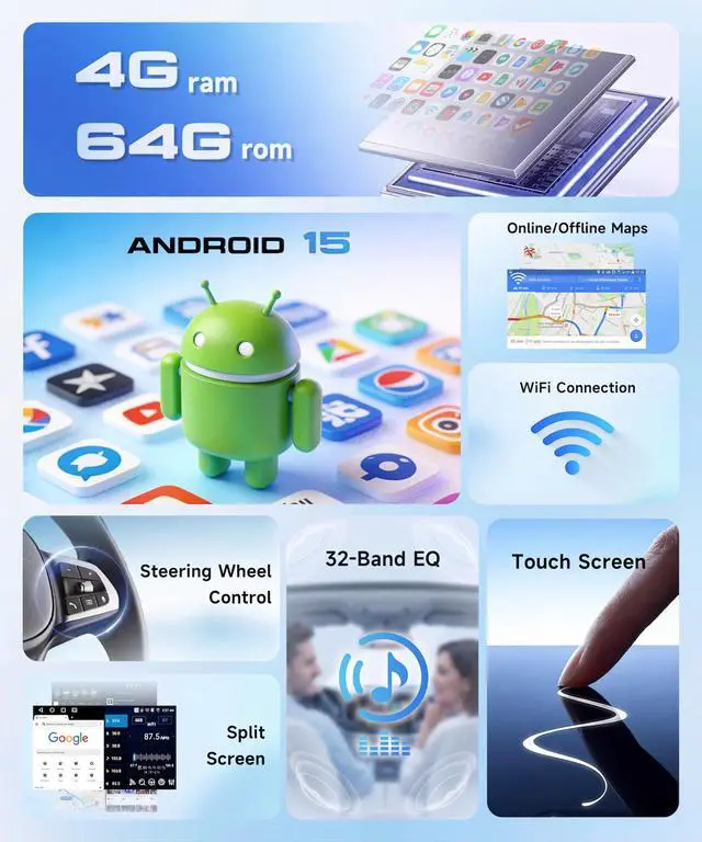 Alt view image 4 of 6 - Android 15 4G+64G Radio for Toyota HILUX 2005-2014 Car Stereo with Wireless Carplay Android Auto,5Ghz WiFi,5.0 Bluetooth 32EQ,9inch IPS Touch Screen,FM/RDS GPS IP69K AHD Backup Camera