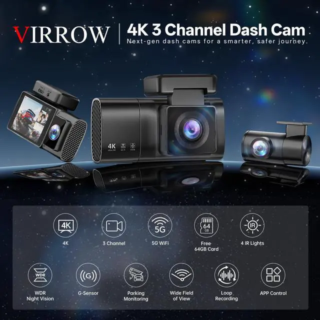 Alt view image 2 of 6 - 3 Channel Dash Cam: 4K+1080P+1080P-Dash Cam Front and Rear Inside with Free 64GB Card & 5GHz WiFi - Dash Camera for Cars with IR Night Vision APP Control Parking Mode G-Sensor Loop Recording(X7)