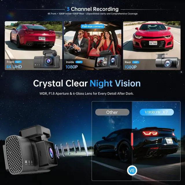 Alt view image 3 of 6 - 3 Channel Dash Cam: 4K+1080P+1080P-Dash Cam Front and Rear Inside with Free 64GB Card & 5GHz WiFi - Dash Camera for Cars with IR Night Vision APP Control Parking Mode G-Sensor Loop Recording(X7)