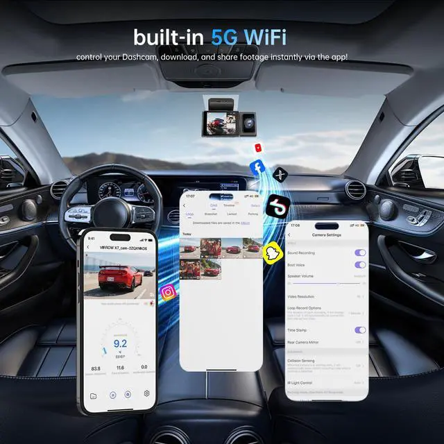 Alt view image 4 of 6 - 3 Channel Dash Cam: 4K+1080P+1080P-Dash Cam Front and Rear Inside with Free 64GB Card & 5GHz WiFi - Dash Camera for Cars with IR Night Vision APP Control Parking Mode G-Sensor Loop Recording(X7)