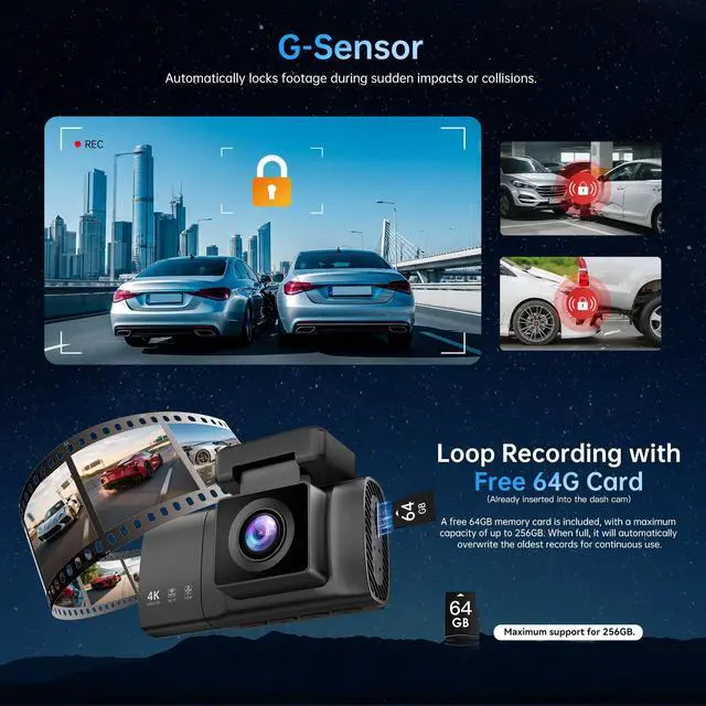 Alt view image 5 of 6 - 3 Channel Dash Cam: 4K+1080P+1080P-Dash Cam Front and Rear Inside with Free 64GB Card & 5GHz WiFi - Dash Camera for Cars with IR Night Vision APP Control Parking Mode G-Sensor Loop Recording(X7)