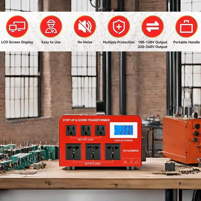Alt view image 2 of 6 - Step Down Transformer 220V to 110V 5000W Step Up Voltage Converter 110V to 220V Heavy Duty Power Transformer with 3 US Outlets and 3 Universal Outlets LCD Display, Circuit Breaker Protection