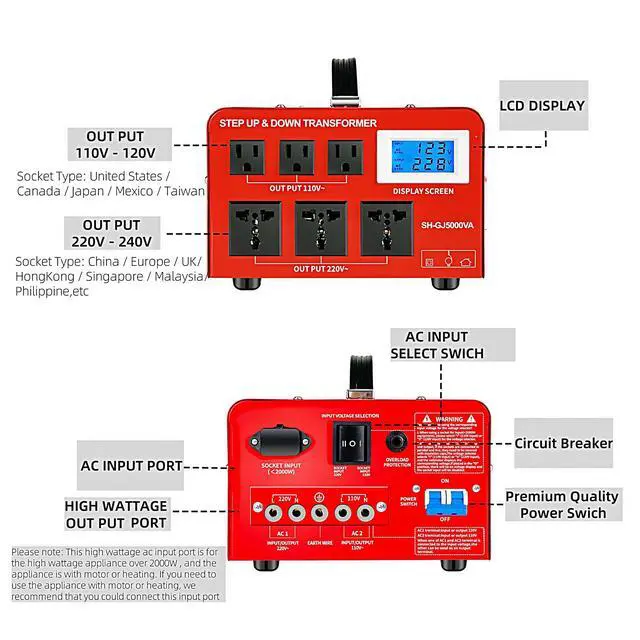 Alt view image 5 of 6 - Step Down Transformer 220V to 110V 5000W Step Up Voltage Converter 110V to 220V Heavy Duty Power Transformer with 3 US Outlets and 3 Universal Outlets LCD Display, Circuit Breaker Protection