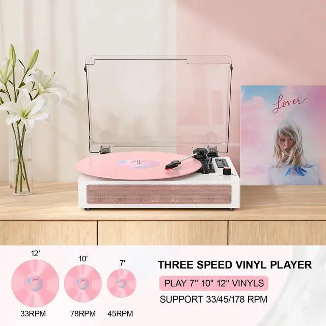 Alt view image 2 of 6 - Vinyl Record Player with Speakers, Bluetooth Turntable with EQ Mode and LED Display, Pink Vintage Record Player, 3-Speed Turntable for Vinyl Records, USB Recording, AUX Input, RCA Output