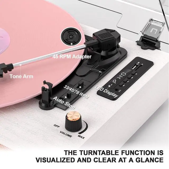 Alt view image 5 of 6 - Vinyl Record Player with Speakers, Bluetooth Turntable with EQ Mode and LED Display, Pink Vintage Record Player, 3-Speed Turntable for Vinyl Records, USB Recording, AUX Input, RCA Output