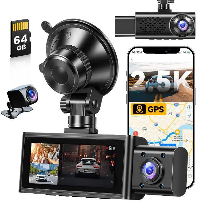 Main image of 2.5K 3 Channel Dash Cam 360° View,3.16'' DashCam Front and Rear Inside Camera for Cars,WiFi & APP/GPS/Night Vision/Loop Recording/G-Sensor/24H Parking Mode/Suction Cup,Included 64G Card