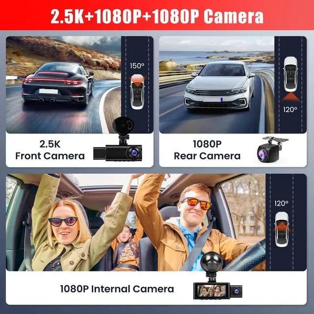 Alt view image 2 of 6 - 2.5K 3 Channel Dash Cam 360° View,3.16'' DashCam Front and Rear Inside Camera for Cars,WiFi & APP/GPS/Night Vision/Loop Recording/G-Sensor/24H Parking Mode/Suction Cup,Included 64G Card