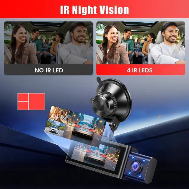 Alt view image 3 of 6 - 2.5K 3 Channel Dash Cam 360° View,3.16'' DashCam Front and Rear Inside Camera for Cars,WiFi & APP/GPS/Night Vision/Loop Recording/G-Sensor/24H Parking Mode/Suction Cup,Included 64G Card