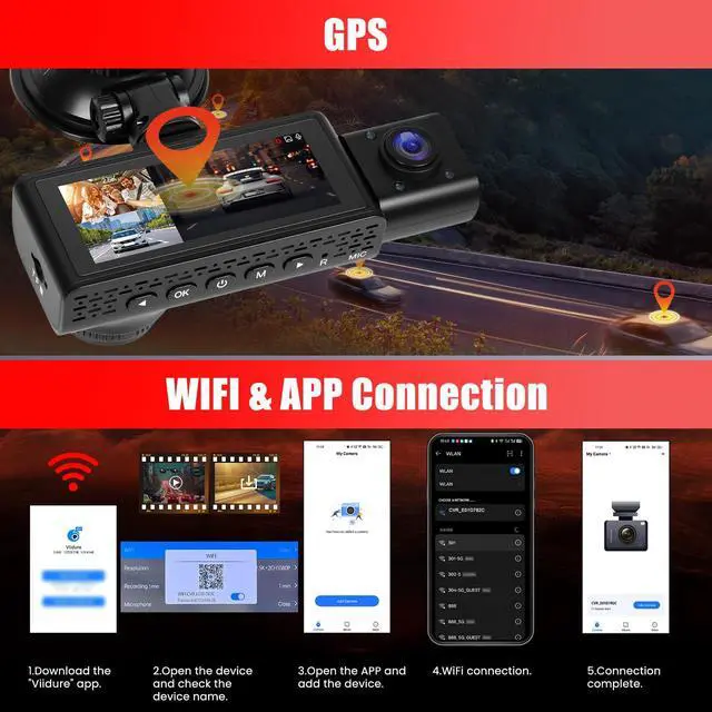 Alt view image 4 of 6 - 2.5K 3 Channel Dash Cam 360° View,3.16'' DashCam Front and Rear Inside Camera for Cars,WiFi & APP/GPS/Night Vision/Loop Recording/G-Sensor/24H Parking Mode/Suction Cup,Included 64G Card