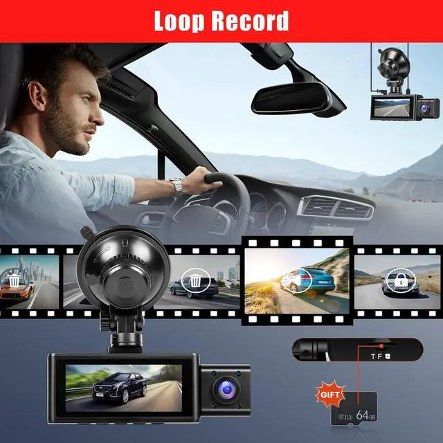Alt view image 5 of 6 - 2.5K 3 Channel Dash Cam 360° View,3.16'' DashCam Front and Rear Inside Camera for Cars,WiFi & APP/GPS/Night Vision/Loop Recording/G-Sensor/24H Parking Mode/Suction Cup,Included 64G Card