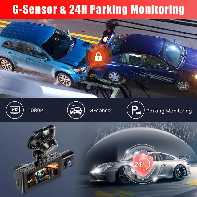 Alt view image 6 of 6 - 2.5K 3 Channel Dash Cam 360° View,3.16'' DashCam Front and Rear Inside Camera for Cars,WiFi & APP/GPS/Night Vision/Loop Recording/G-Sensor/24H Parking Mode/Suction Cup,Included 64G Card