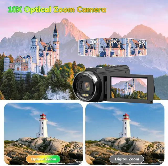 Alt view image 3 of 6 - 5K Video Camera Camcorder UHD 48MP 60FPS WiFi Vlog Camera for YouTube 10X Optical Zoom Camcorders with Remote Control, Handheld Stabilizer, Microphone, 2 Batteries, Large Aperture, 64 GB Memory Card