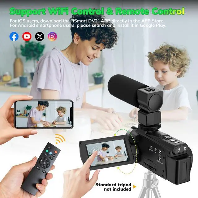 Alt view image 4 of 6 - 5K Video Camera Camcorder UHD 48MP 60FPS WiFi Vlog Camera for YouTube 10X Optical Zoom Camcorders with Remote Control, Handheld Stabilizer, Microphone, 2 Batteries, Large Aperture, 64 GB Memory Card