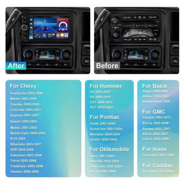 Alt view image 2 of 6 - 4+64G Android 14 Double Din Car Stereo for Chevrolet Silverado Impala Tahoe GMC Sierra Yukon Hummer H2 with 7 Inch IPS Touchscreen Radio Built-in Wireless Carplay/Android Auto/Bluetooth/FM/AUX/SWC