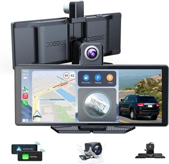 Main image of 10.26" Wireless Portable Carplay Screen CarPlay & Android Auto Car Stereo 360 Rotation 4K Dash Cam 1080p Rear Camera Mirror Link Voice Control GPS Navigation(SD Card Excluded)