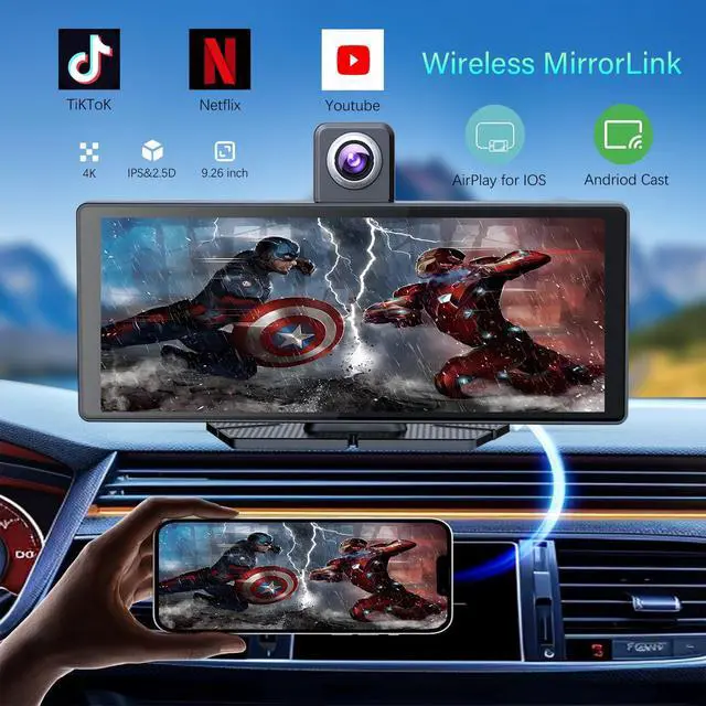 Alt view image 2 of 6 - 10.26" Wireless Portable Carplay Screen CarPlay & Android Auto Car Stereo 360 Rotation 4K Dash Cam 1080p Rear Camera Mirror Link Voice Control GPS Navigation(SD Card Excluded)